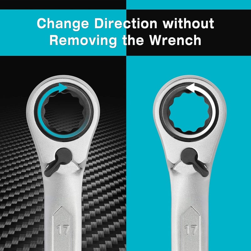 DURATECH 4-in-1 Reversible Ratcheting Box Wrench Set, Double Box End, Metric, 2-Piece, 8, 10, 12, 13 & 14, 15, 17, 19 mm, CR-V Steel, Matte Chrome Plated, with Rolling Pouch - Image 4